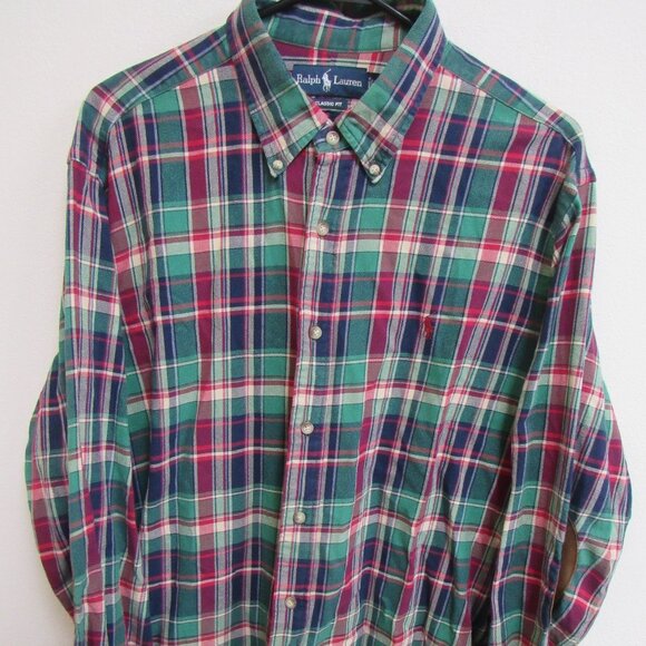 Ralph Lauren Classic Fit Multicolor Plaid Flannel Elbow Patch L/S Shirt XL - Picture 1 of 5